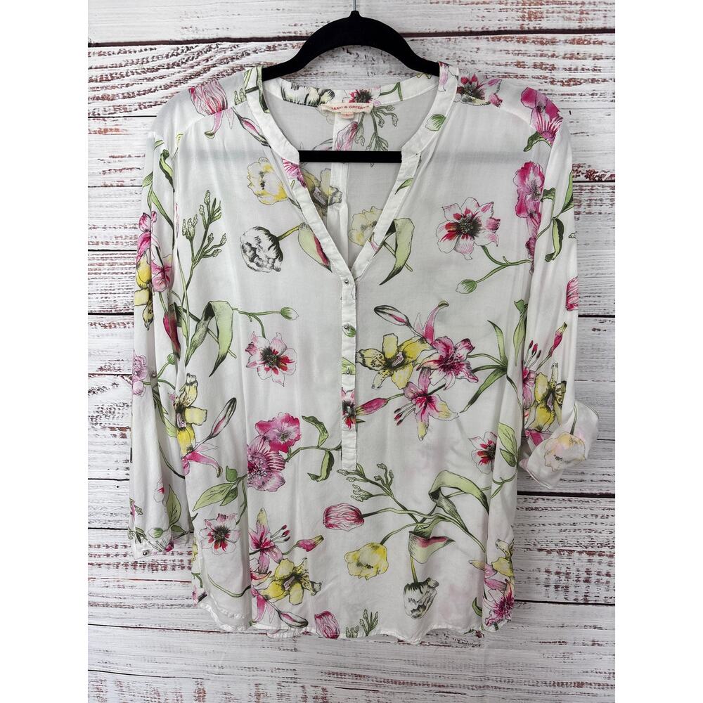 Womens Grand & Greene White Floral Pink Print V-Neck 3/4 Sleeve Top Rayon Size L